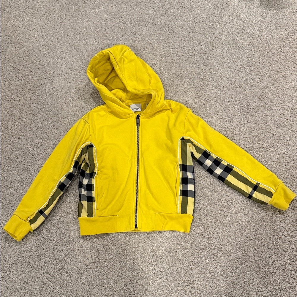 Burberry Yellow Kids Hoodie with Plaid Accents, size 8